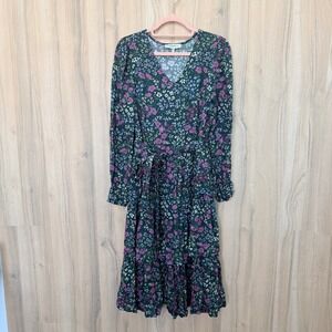Womens Floral Tiered Midi Dress XS Green Long Sleeve Belted Cottage Prairie Boho